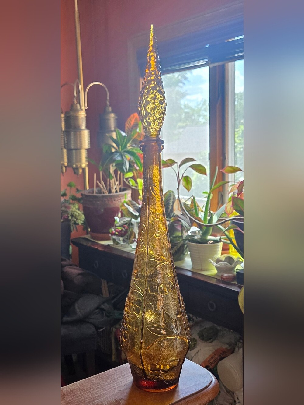 Vintage Empoli Amber Genie Bottle Glass Decanter 1960s with Stopper - Picture 6 of 6
